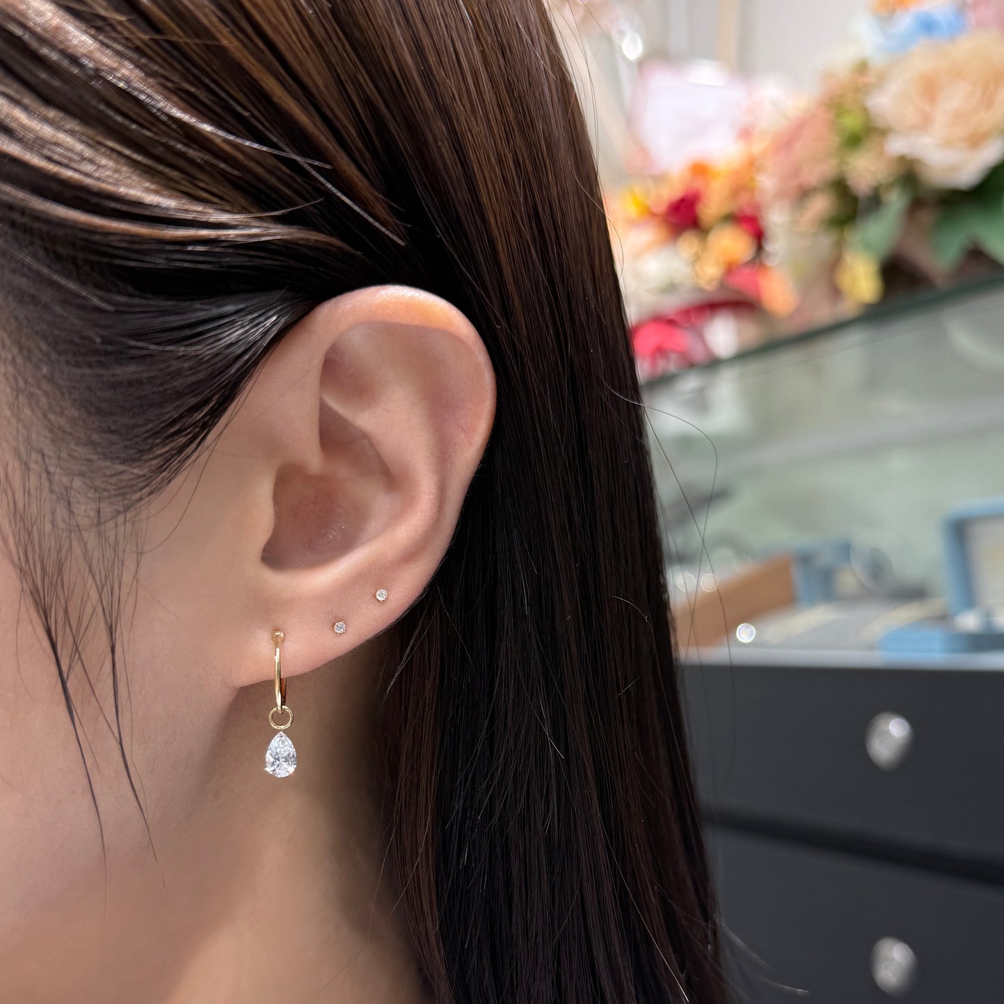 Lab diamond Pear shape 1ct floating 10mm hoop earrings-pair