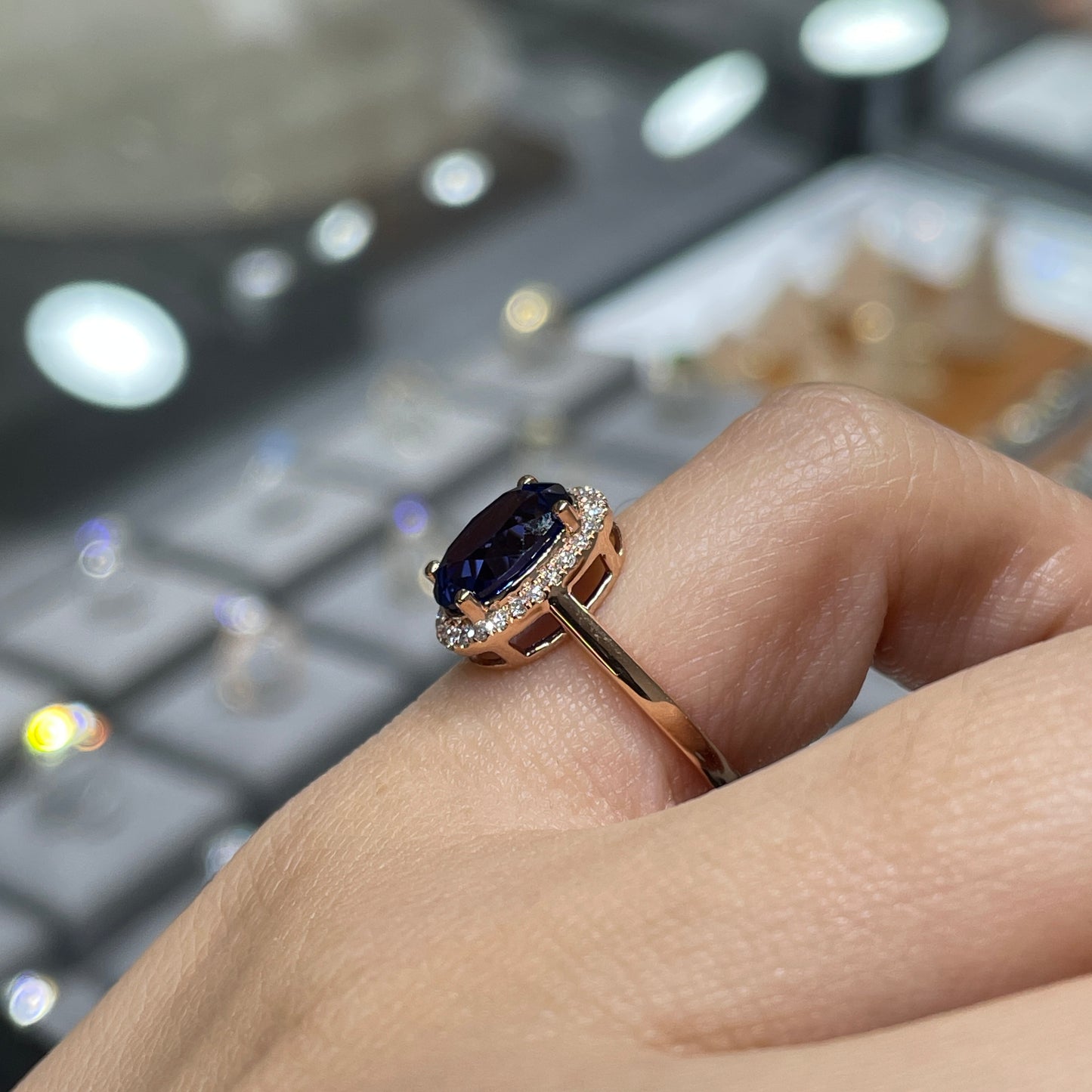 Lab grown sapphire royal blue color Oval shape 2.7ct halo ring
