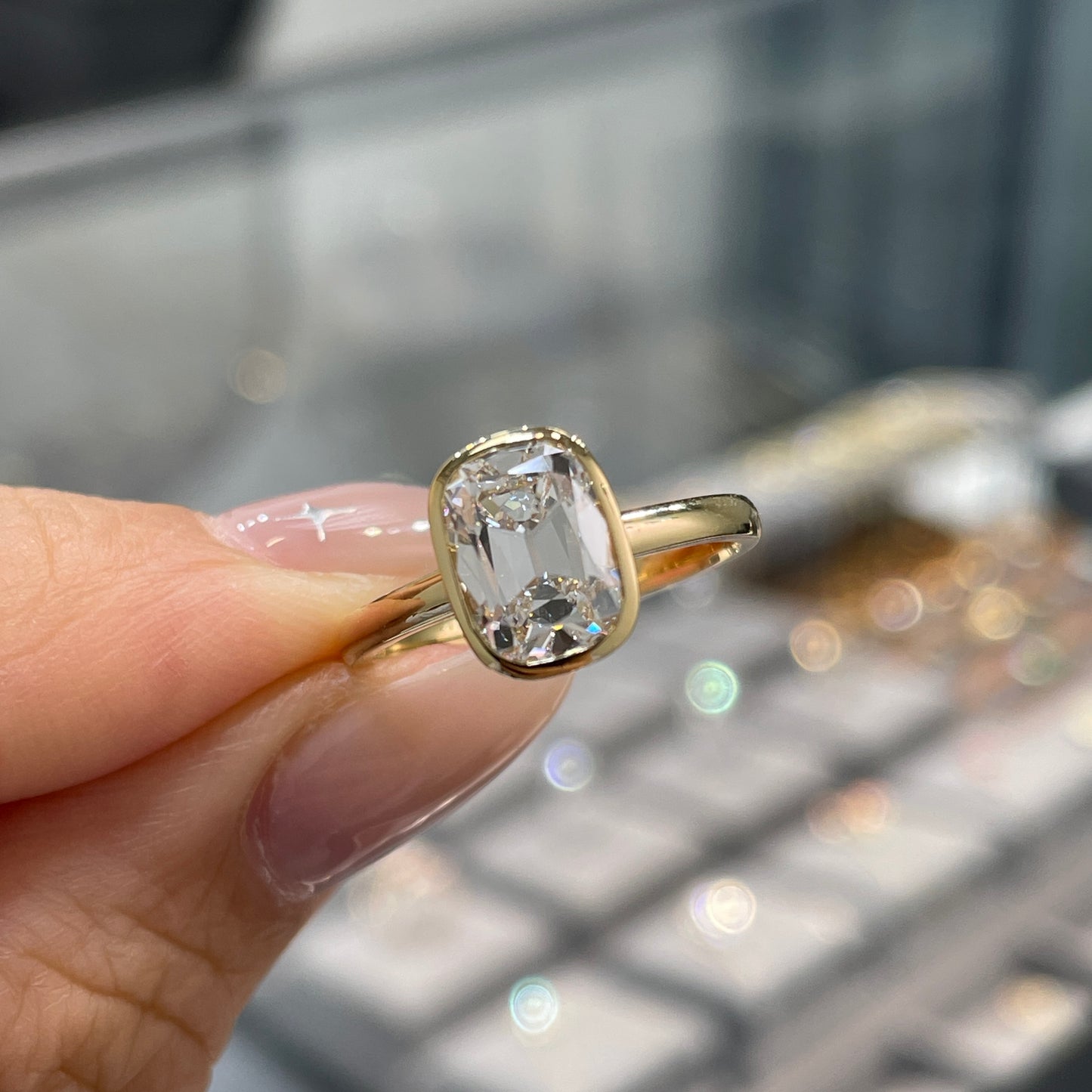 Lab diamond Antique long cushion cut 1.5ct bezel ring