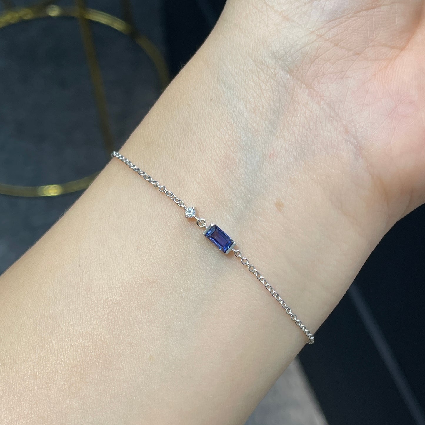 Lab sapphire royal blue color baguette cut 0.35ct with little diamond thinker chain bracelet