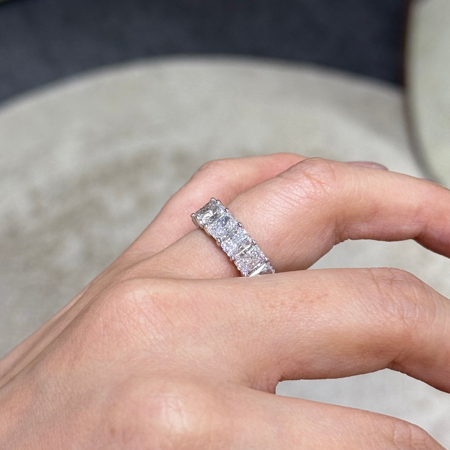 Lab diamond oval & emerald cut half half 7.5ct full eternity ring