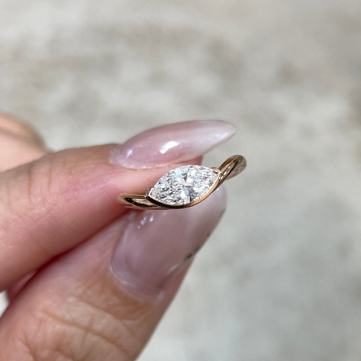 9k Lab diamond Marquise shape 0.5ct half bezel wavy pinky ring