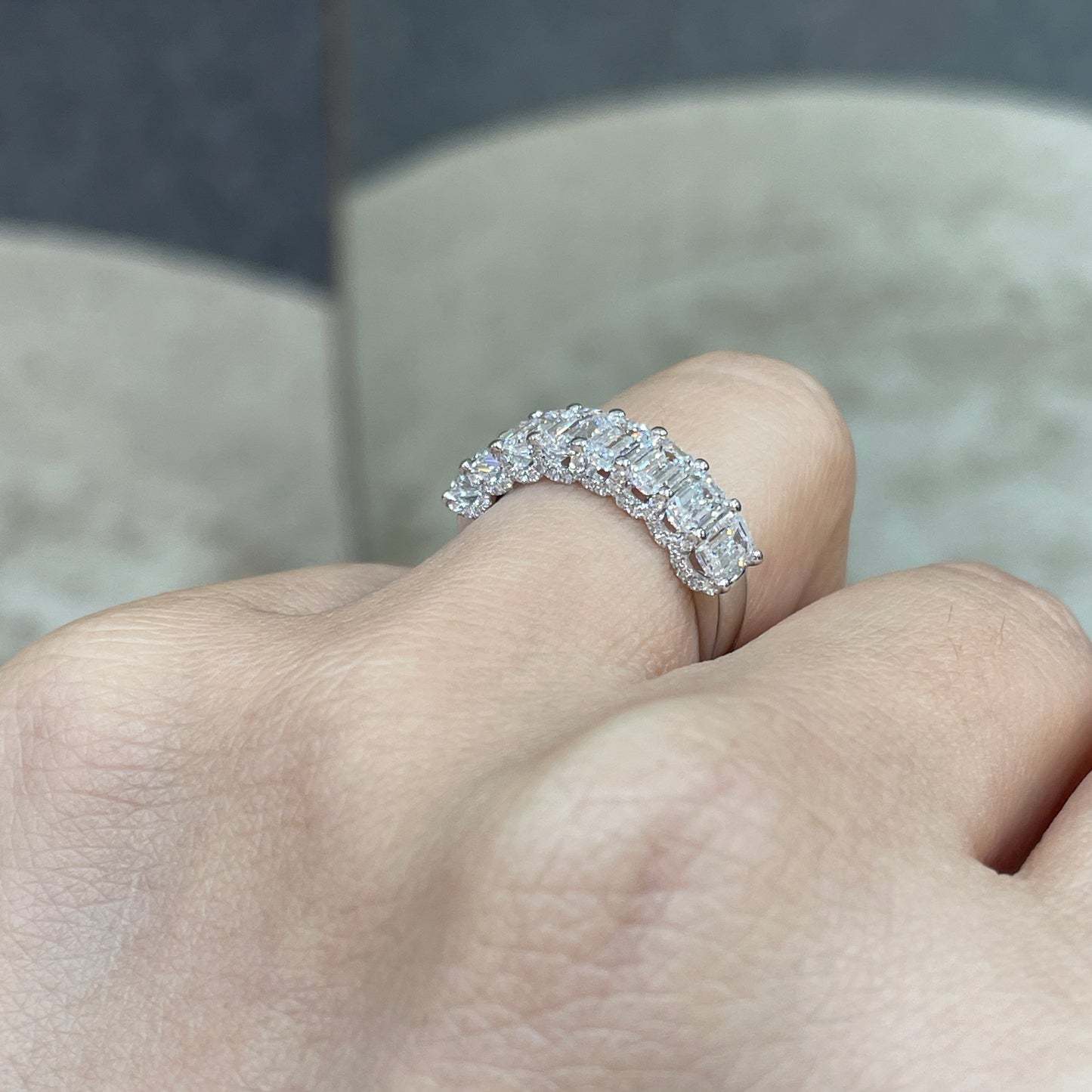 9k Lab diamond emerald cut 2.4ct U-prong pave eternity ring