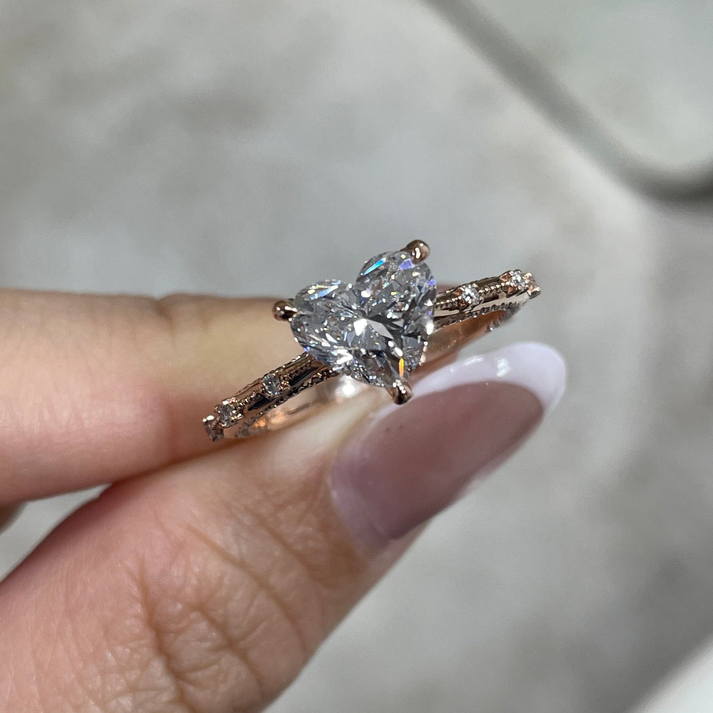 IGI Lab diamond heart shape 2ct milgrain under paved ring