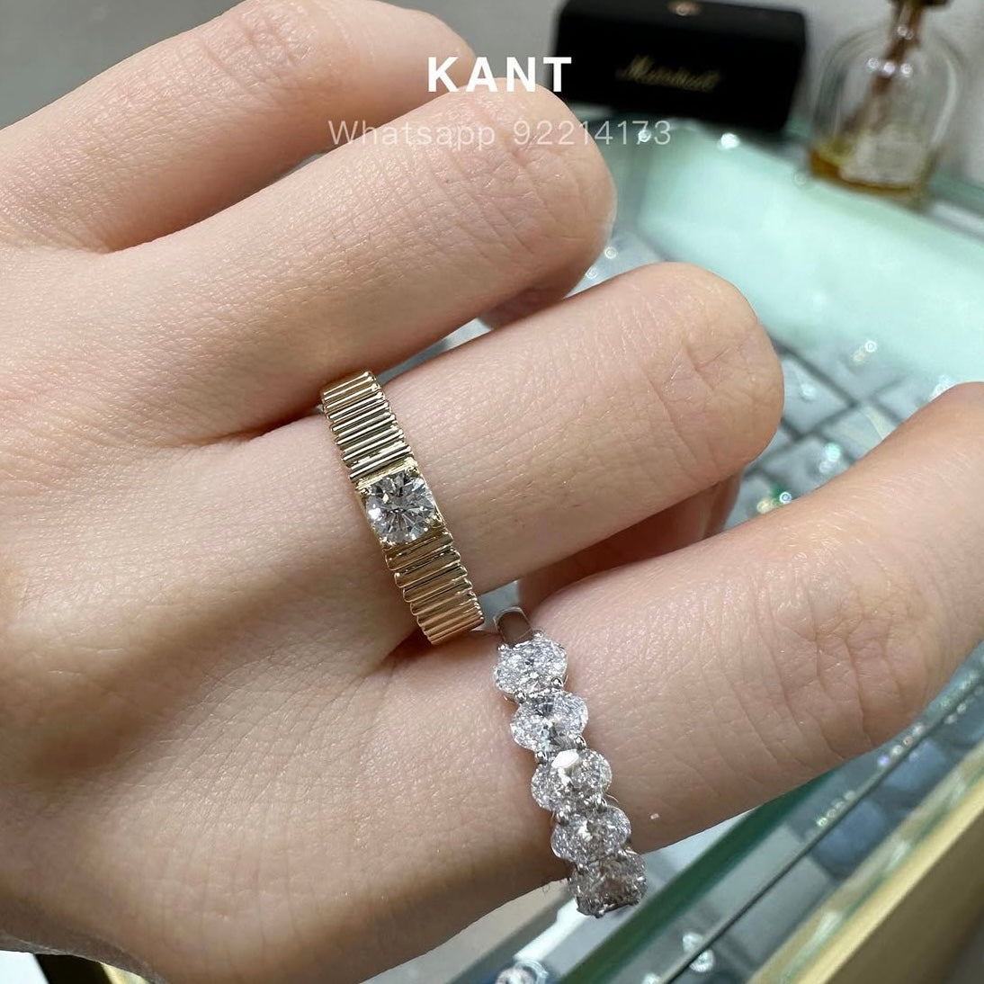 Lab diamond round 0.3ct half bezel straight vertical line band ring