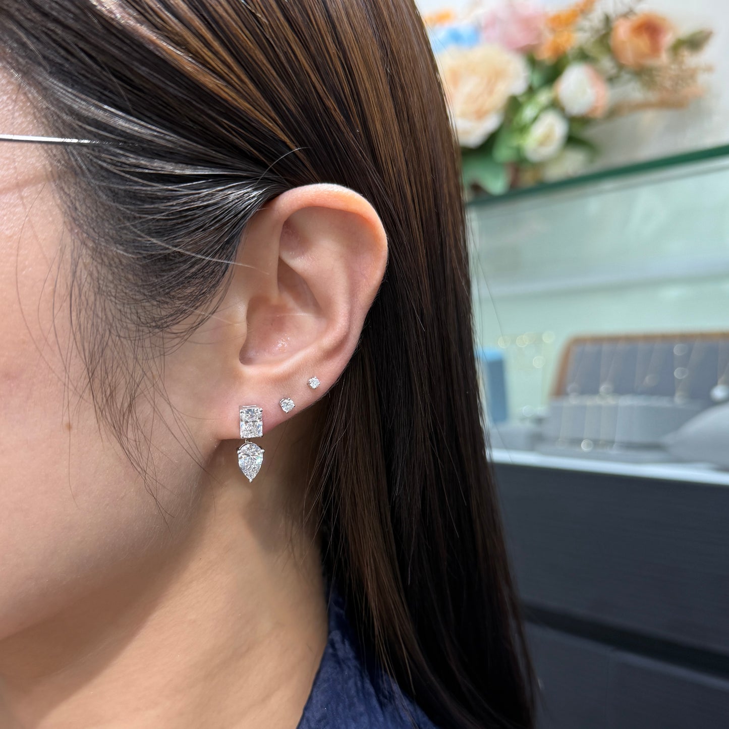 Lab diamond Radiant cut with Pear shape L jacket 4ct earrings- pair