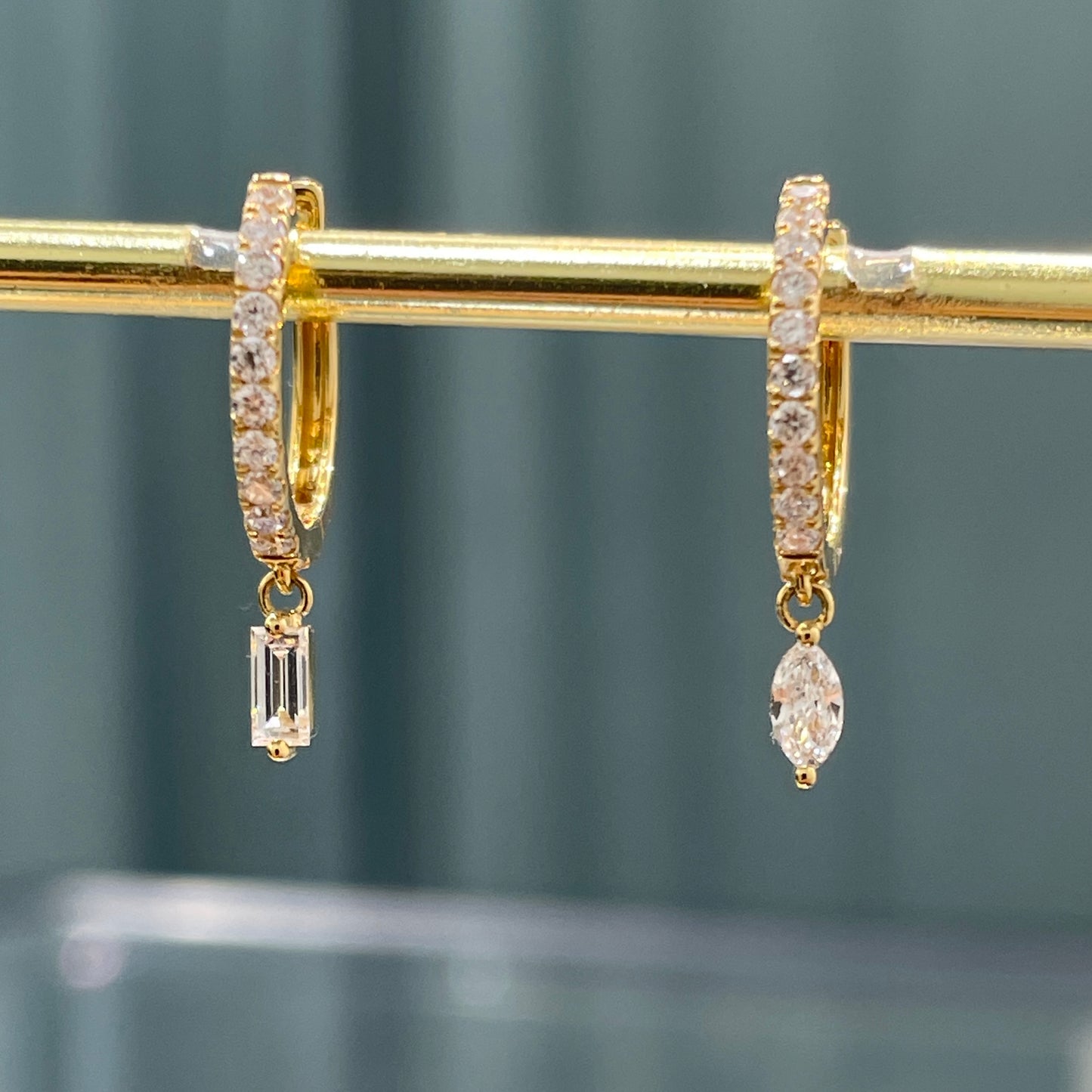 Lab diamond Marquise shape and Baguette cut 0.5ct 11mm huggie hoop earring-pair