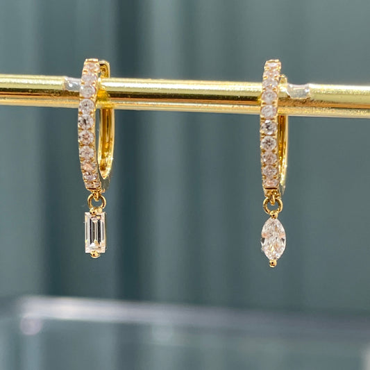Lab diamond Marquise shape and Baguette cut 0.5ct huggie 11mm hoop earring-pair