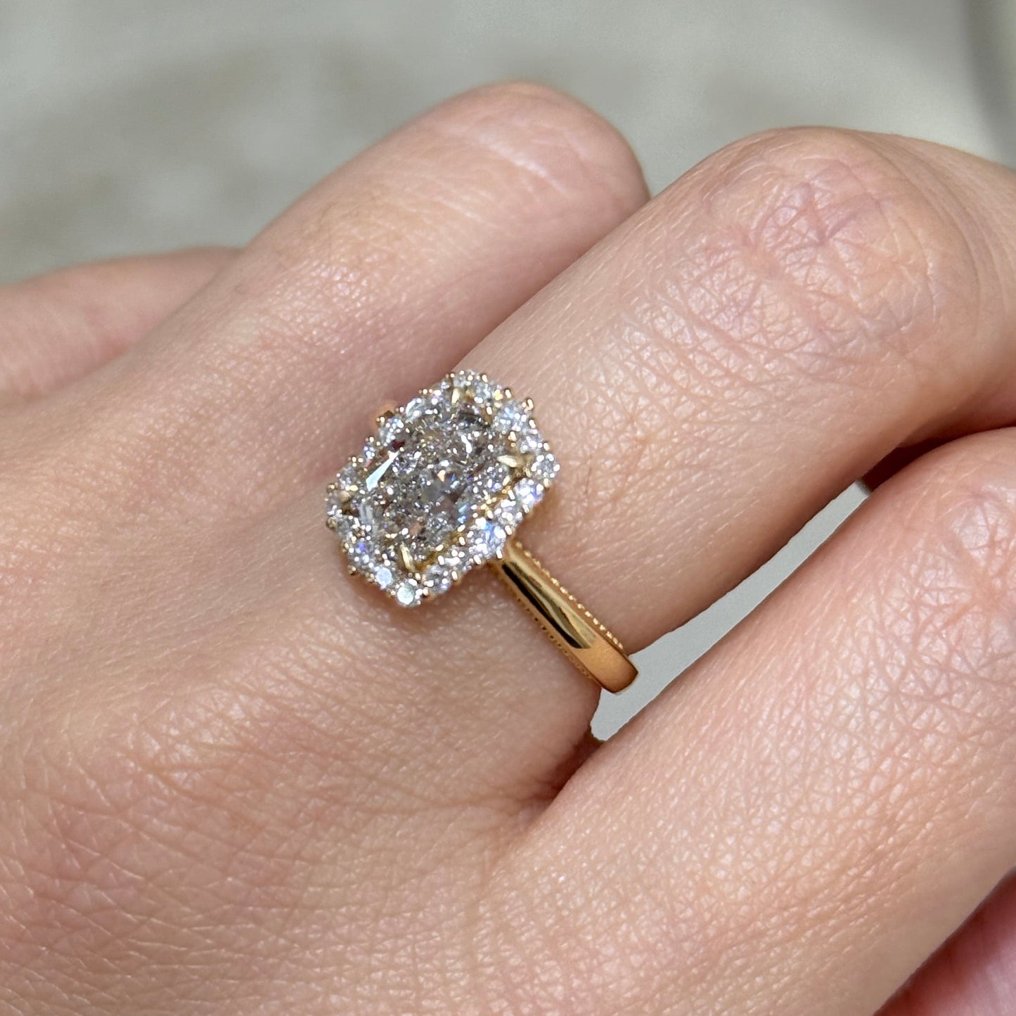 IGI lab diamond Long cushion cut 1.8ct halo milgrain band ring
