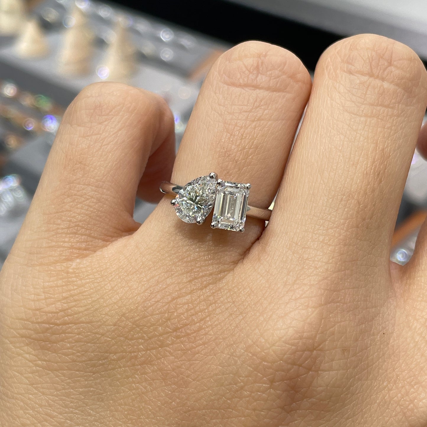 Lab diamond pear shape and emerald cut 2ct toi et moi ring