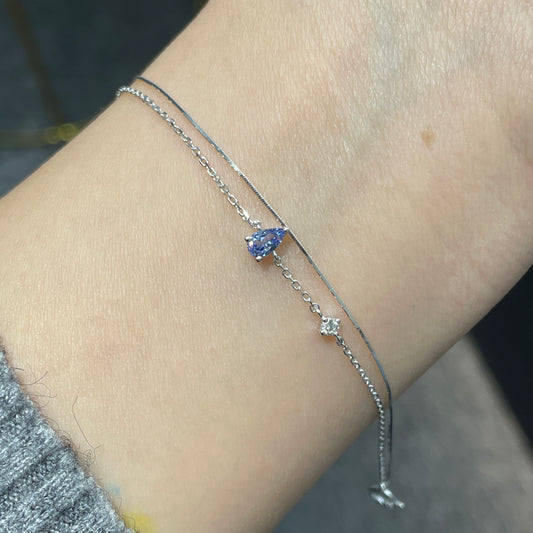 Lab sapphire cornflower pear 0.25ct with little diamond double chain bracelet