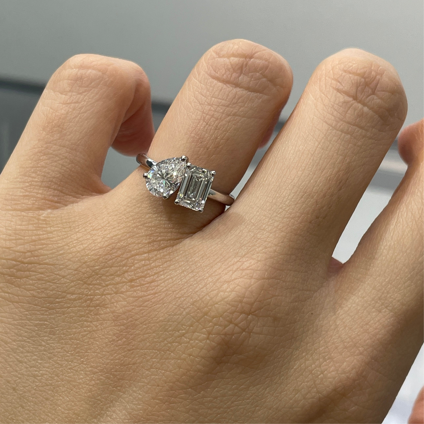 Lab diamond pear shape and emerald cut 2ct toi et moi ring