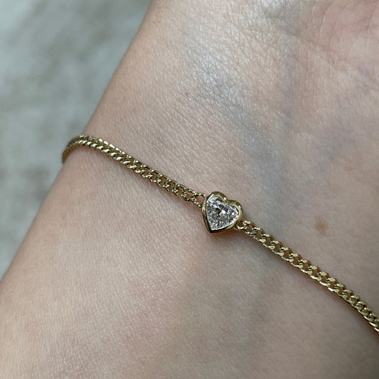 Lab diamond heart shape 0.2ct bezel with 1.8mm Cuban bracelet