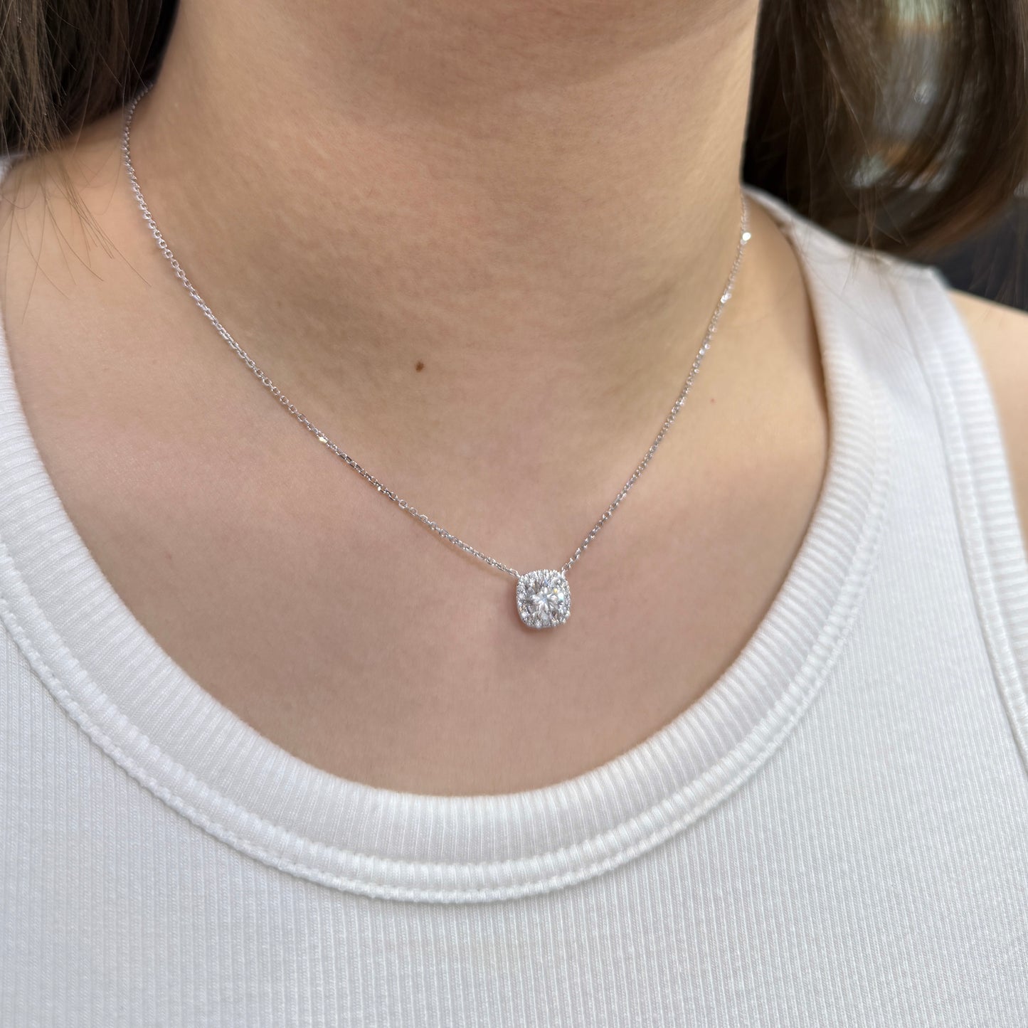 Lab diamond round 1.23ct cushion shape halo necklace