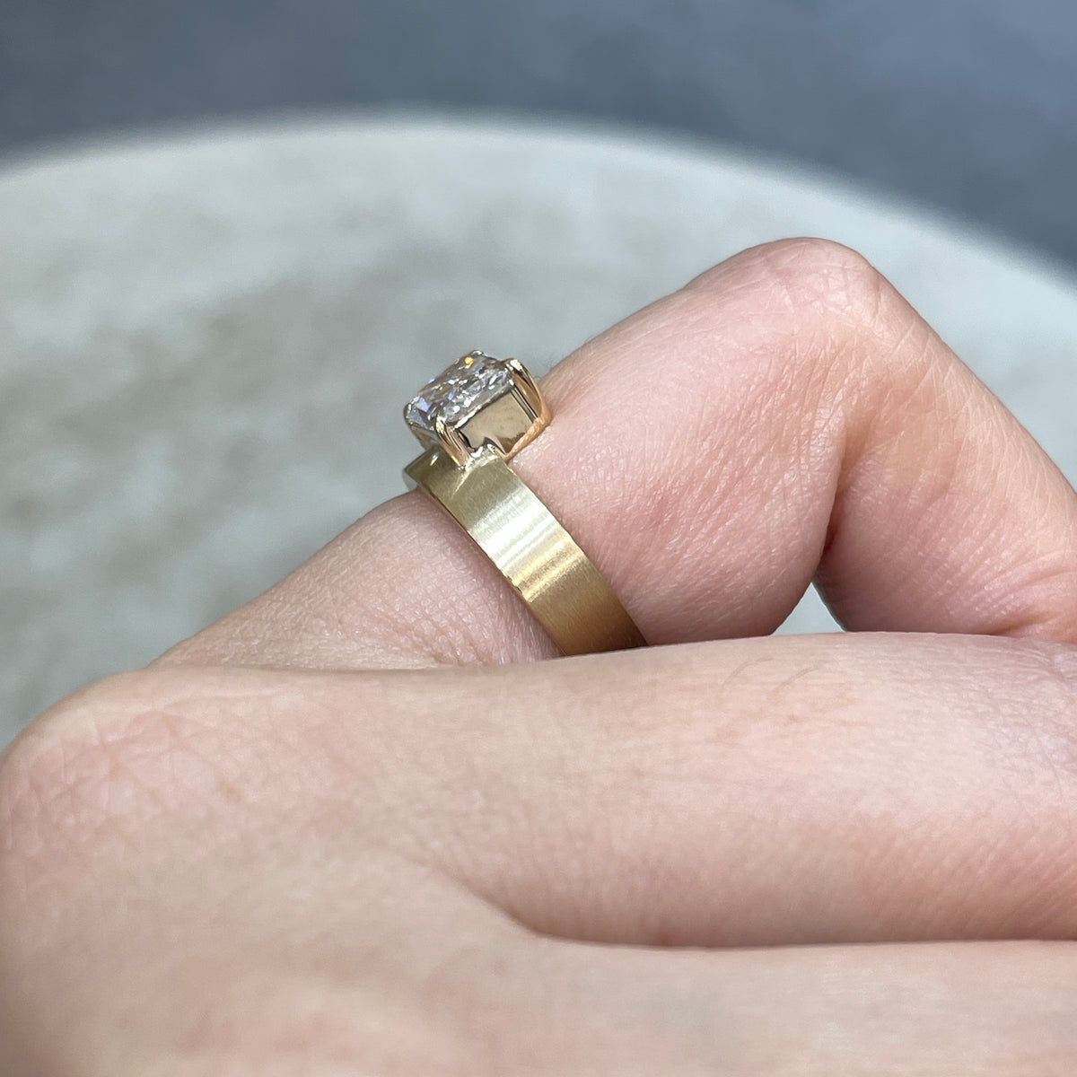 9k IGI Lab diamond long radiant cut 1.8ct four-prong horizontal top setting thick flat brushed ring