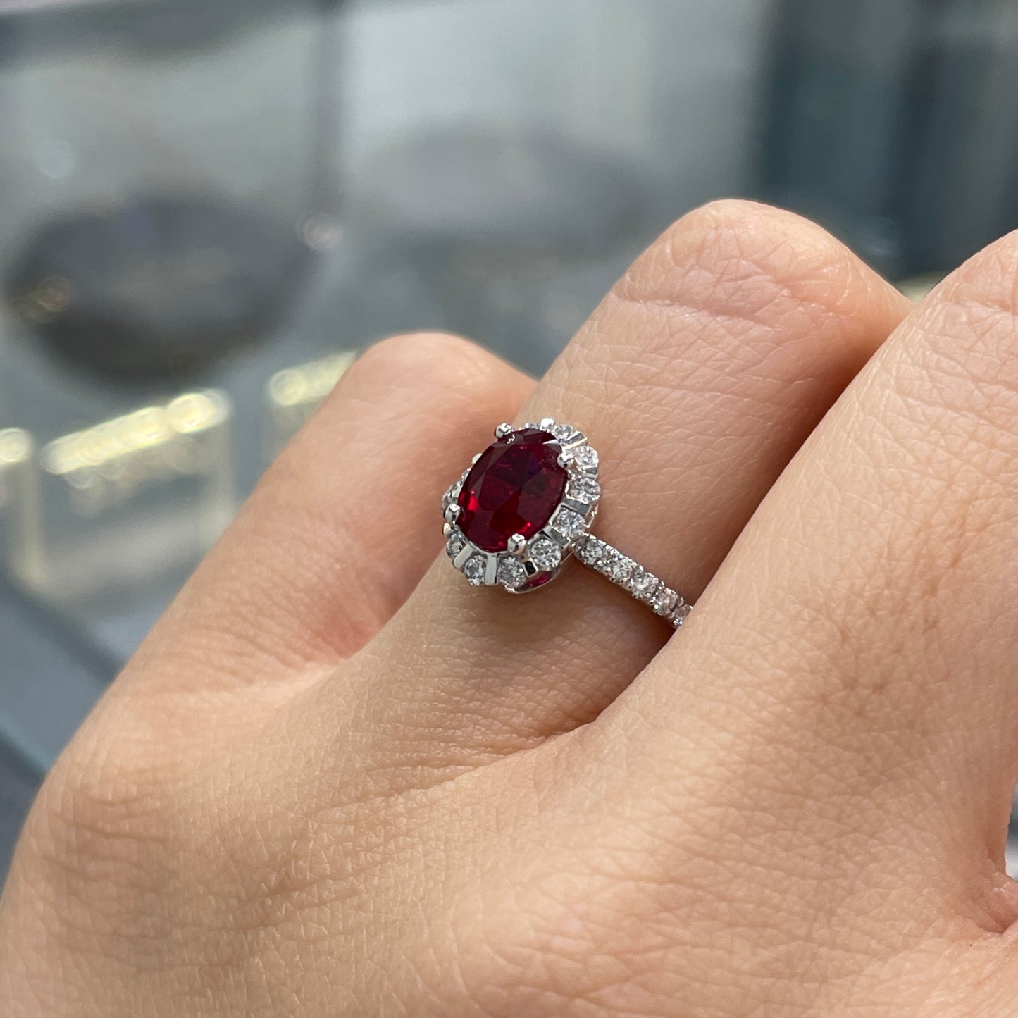 Lab Ruby Oval shape 1.5ct two way halo pave ring
