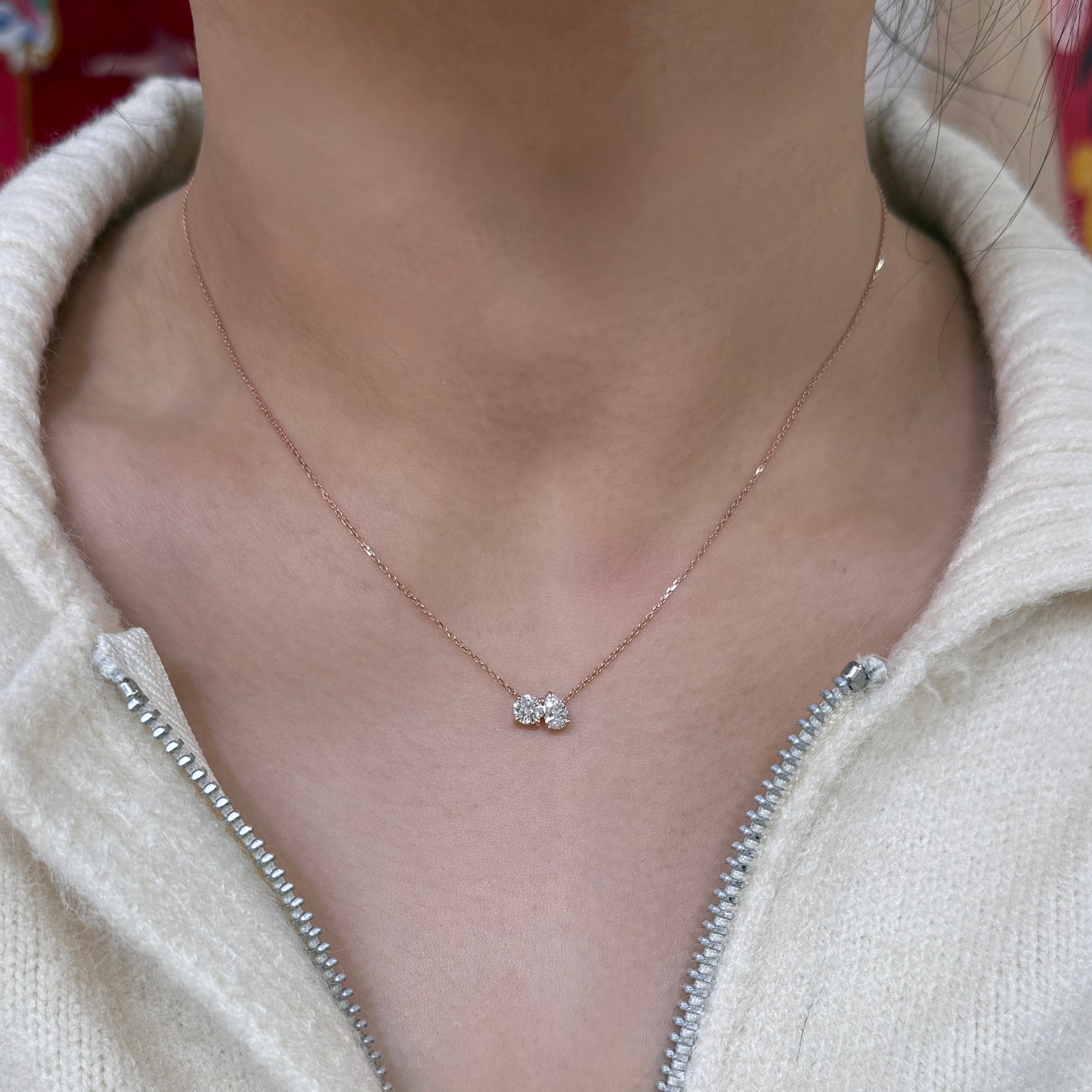 Lab diamond pear and round 0.65ct toi et moi necklace