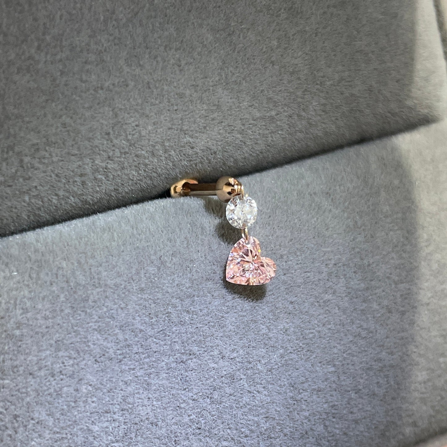 Lab pink diamond heart shape and round 0.4ct floating swing stud earring - each
