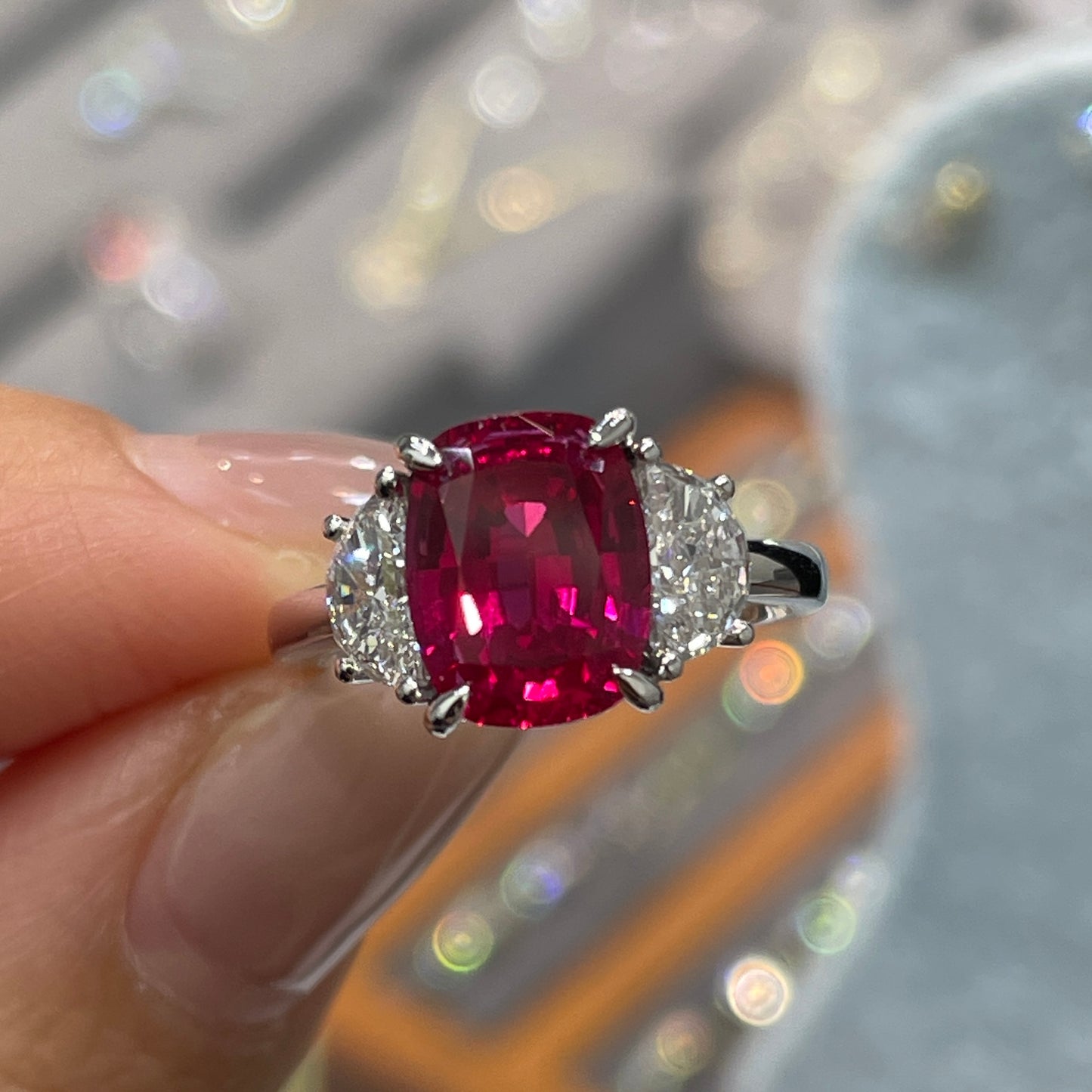 Lab pinkish rudy elongated cushion cut 2.5ct with diamond half moon 0.5ct three stone setting ring