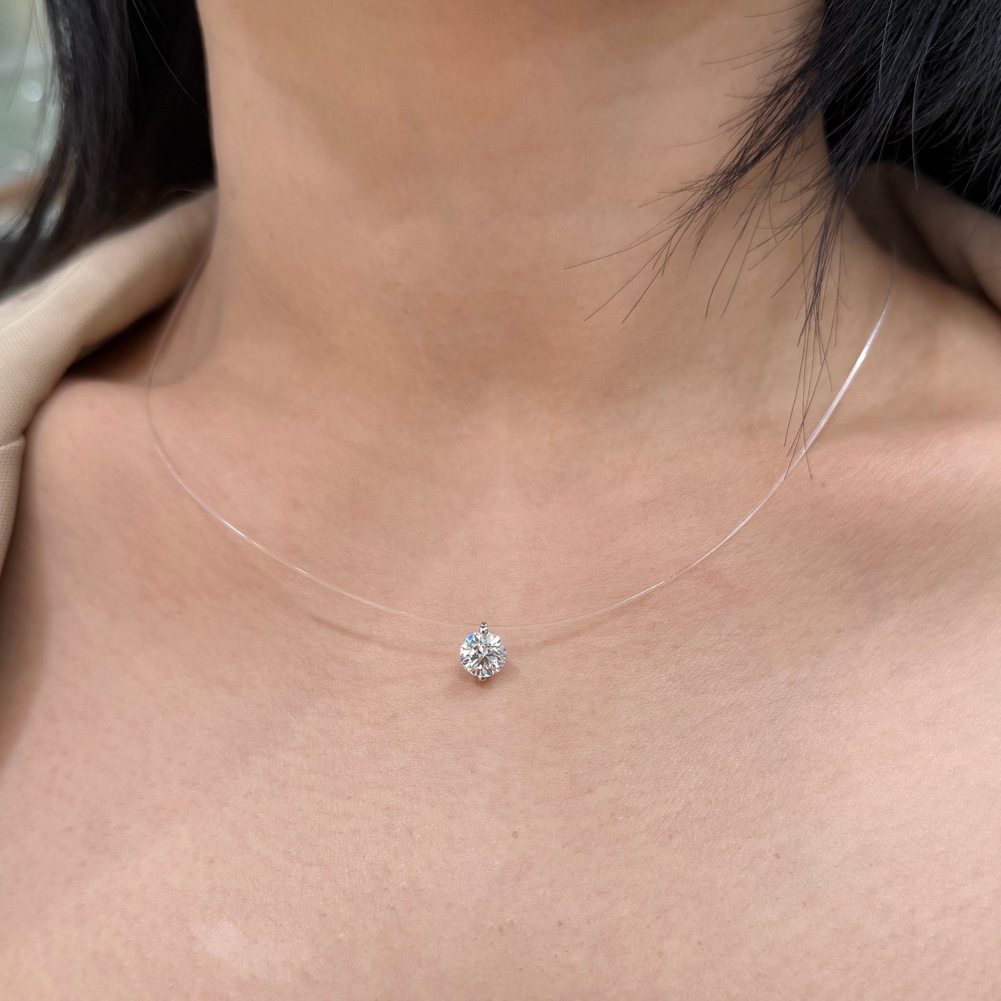 Lab diamond round 1.05ct invisible fish thread necklace