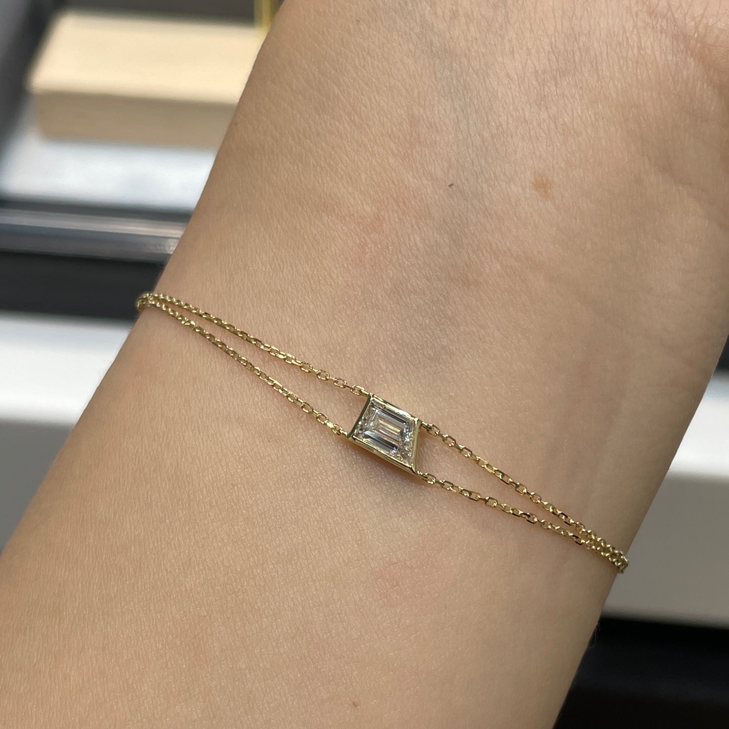 Lab diamond Baguette whistle cut 0.4ct bezel double chain bracelet