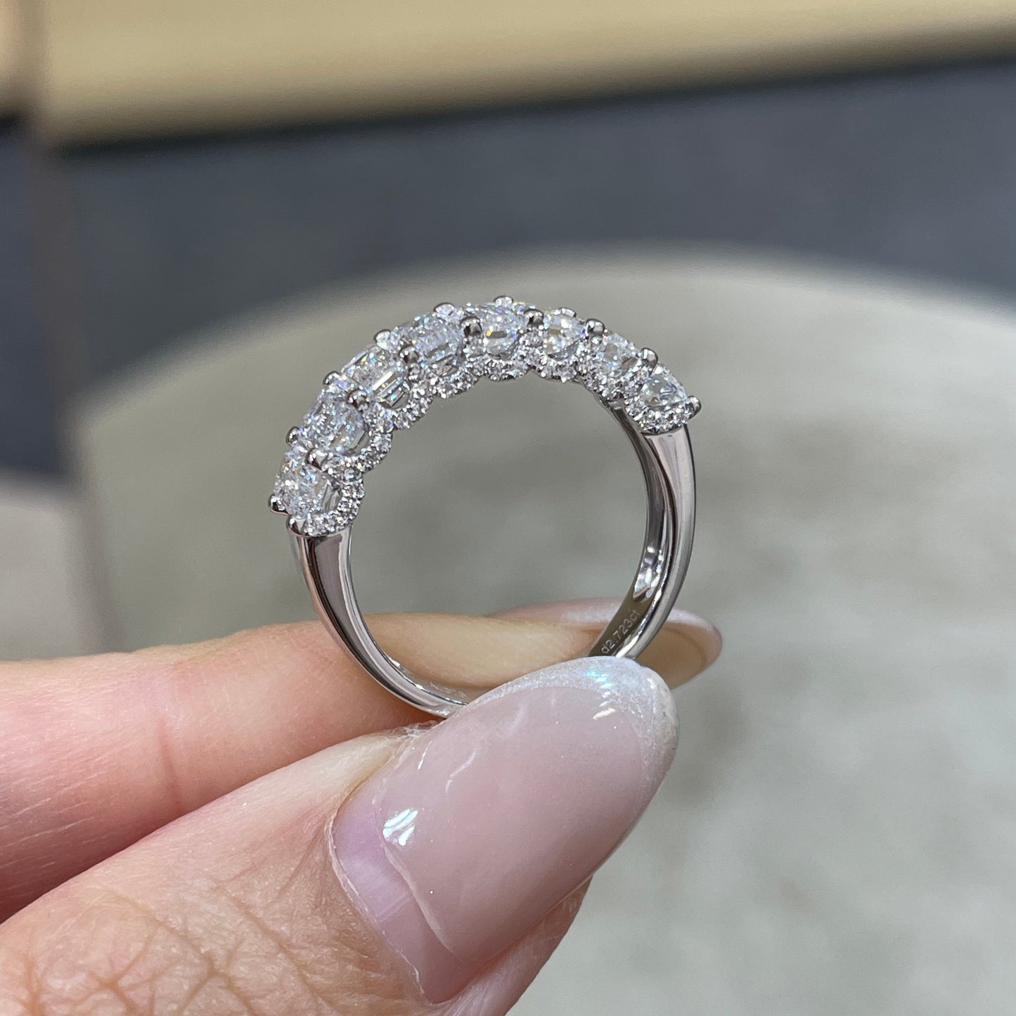 9k Lab diamond emerald cut 2.4ct U-prong pave eternity ring