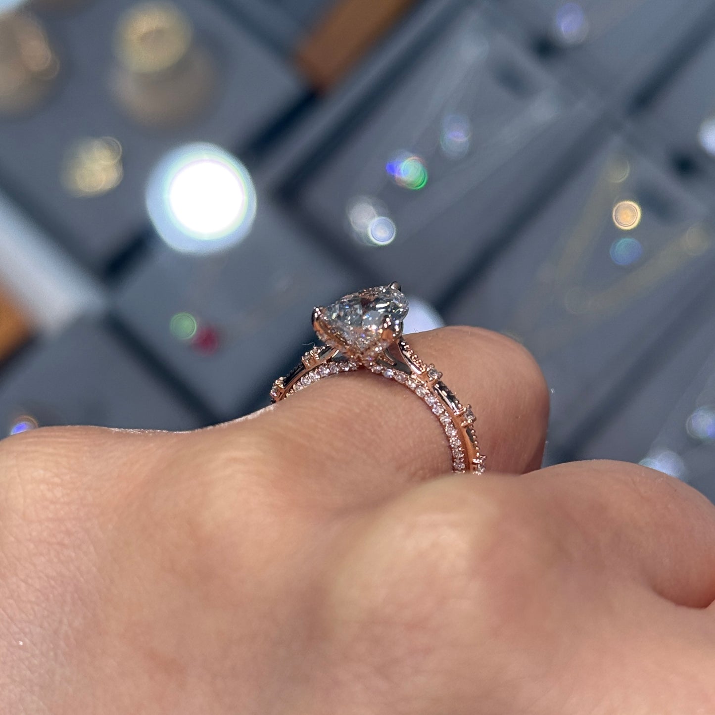 IGI Lab diamond Pear 2ct milgrain under paved ring