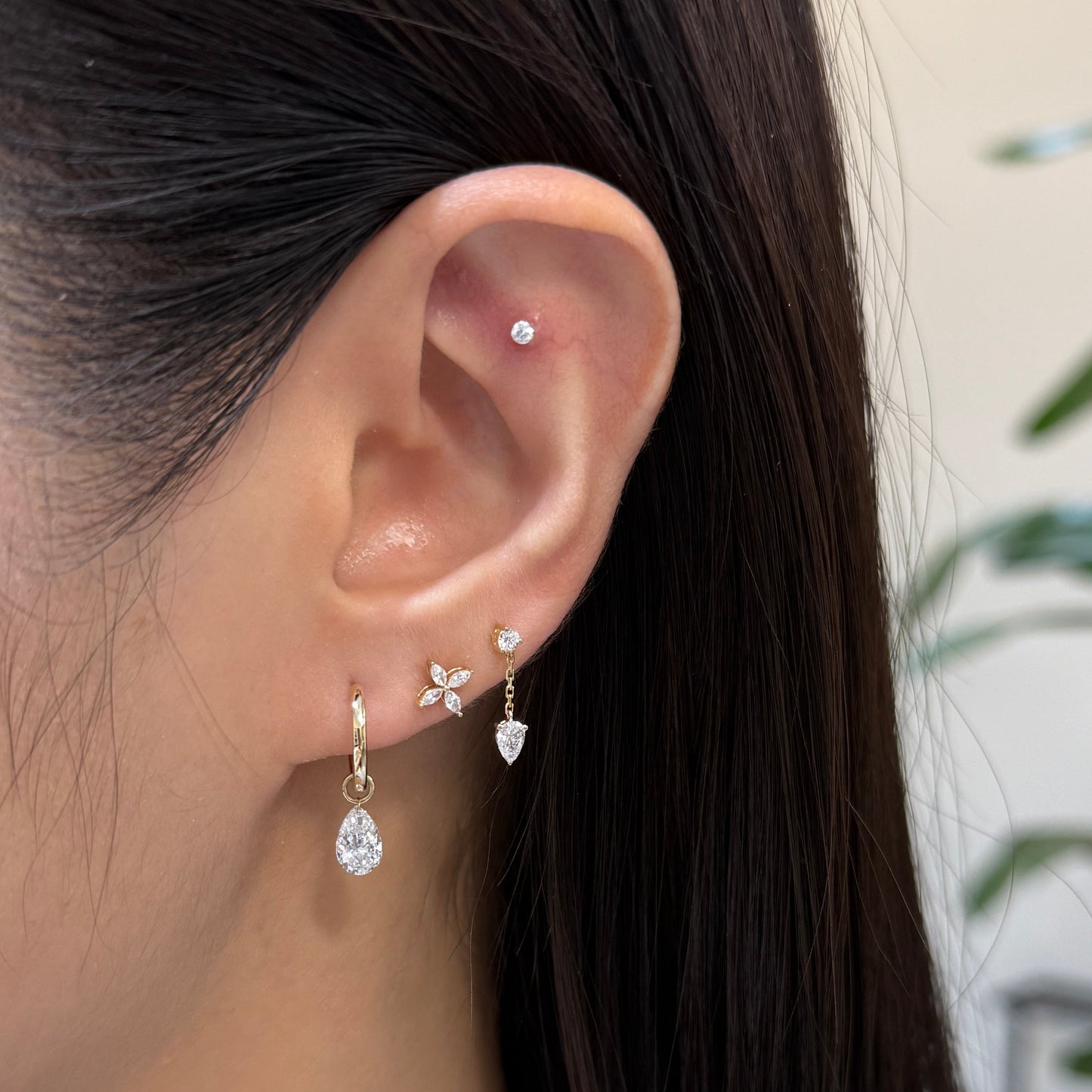 9k Lab diamond pear shape 1.4ct floating 10mm thicker hoop earrings-pair