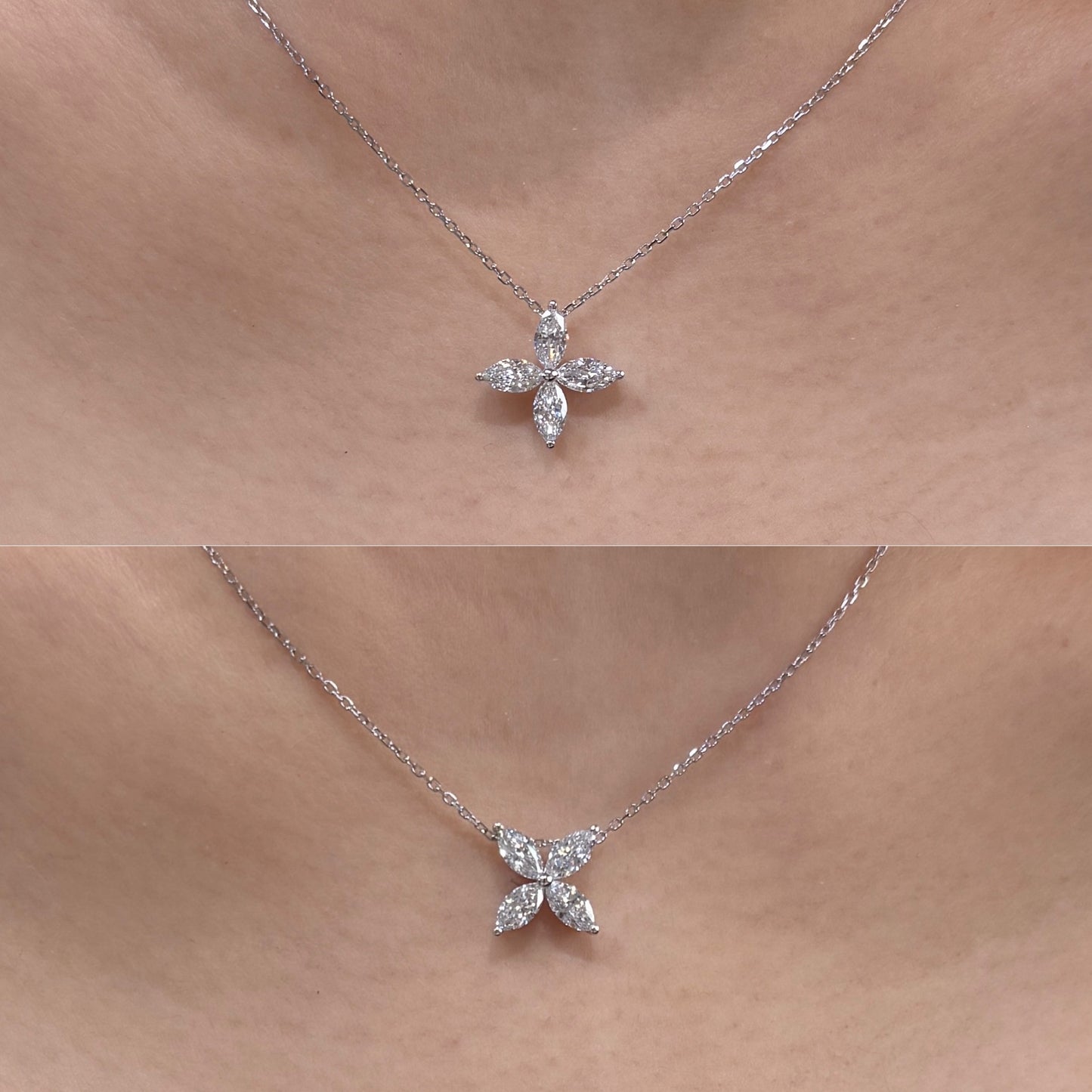 Lab diamond marquise 0.8ct flower two way pendant with necklace