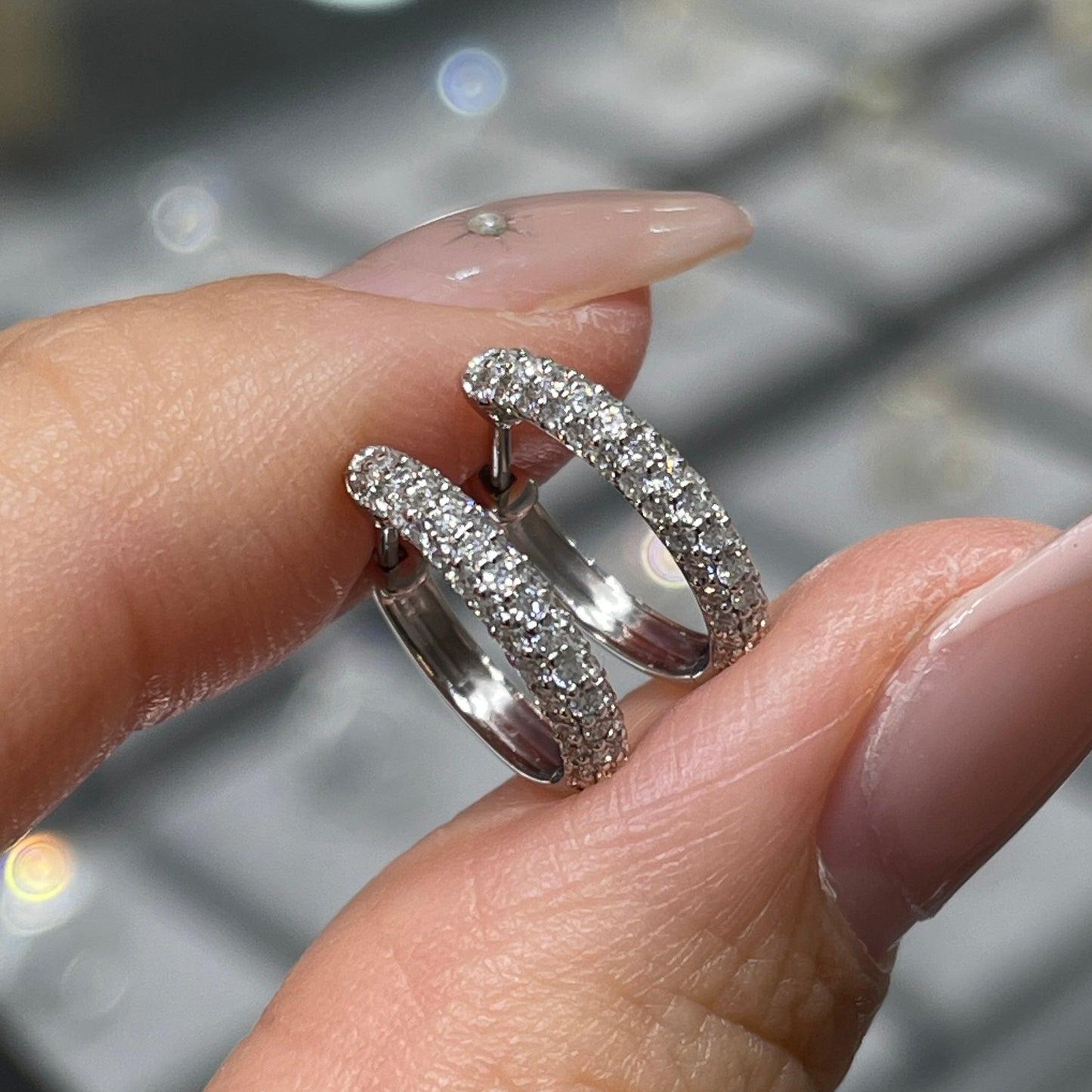 9k Lab diamond round 0.35ct three row 10mm hoop earrings-pair