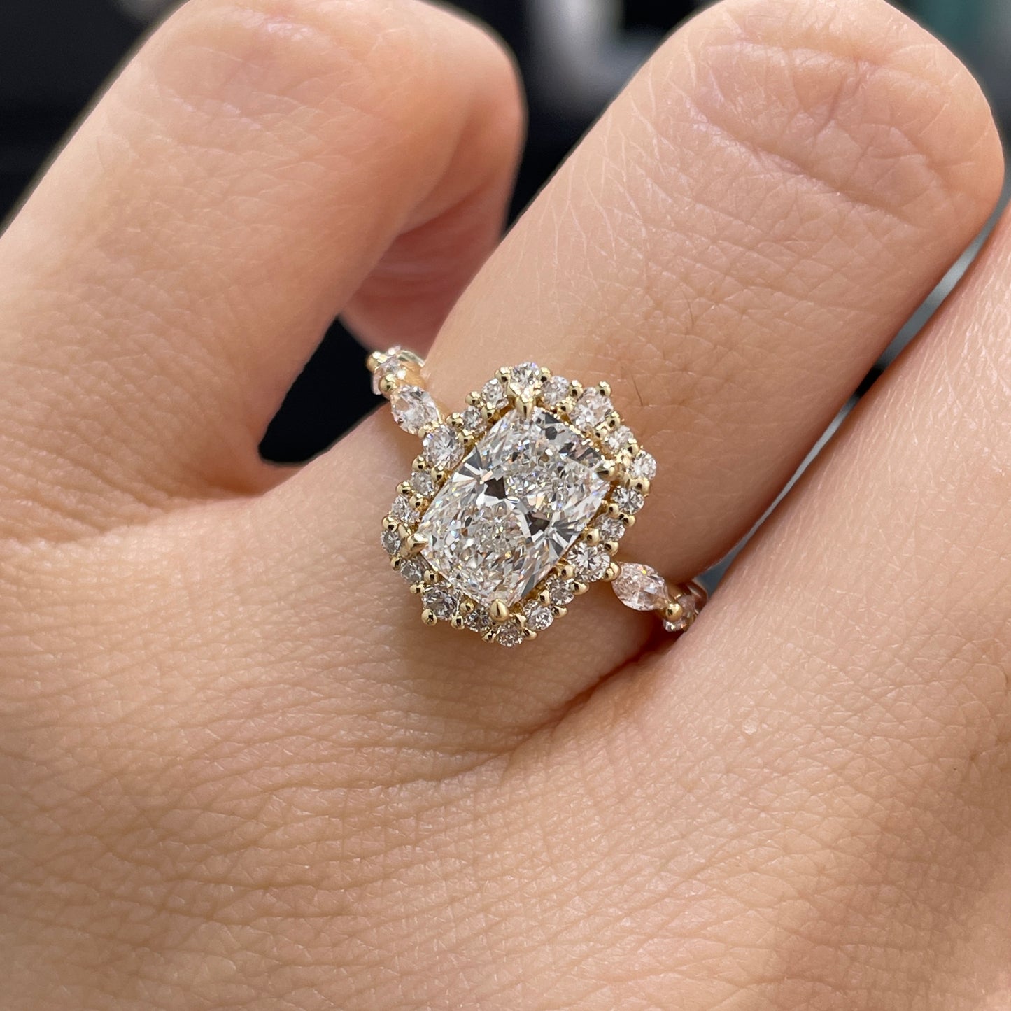 IGI Lab diamond long cushion cut 1.5ct halo with marquise and round mix pave ring