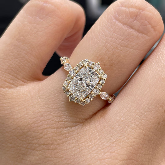 IGI Lab diamond long cushion cut 1.5ct halo with marquise and round mix pave ring