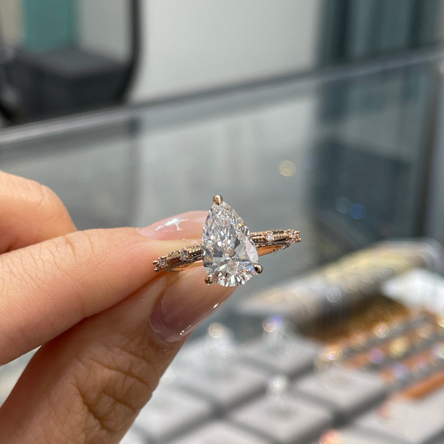 IGI Lab diamond Pear 2ct milgrain under paved ring