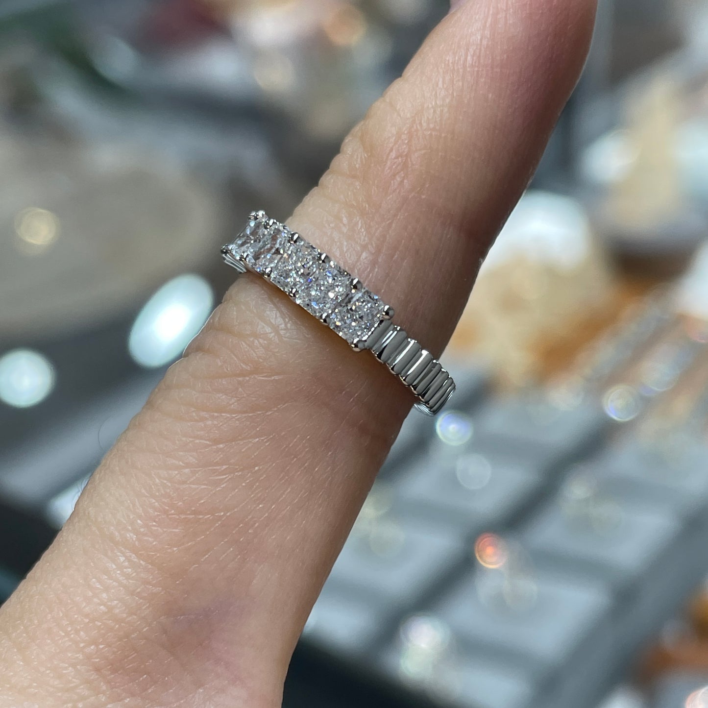 Lab diamond Radiant cut 0.9ct half eternity straight vertical line band pinky ring