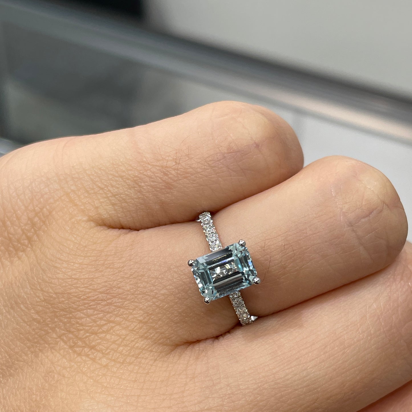 Lab Sapphire Aquamarine blue emerald cut 2ct pave ring