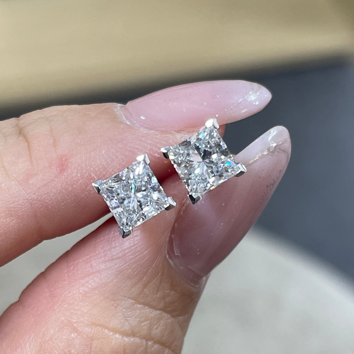 Lab diamond princess cut 2cr four-prong stud earrings - pair