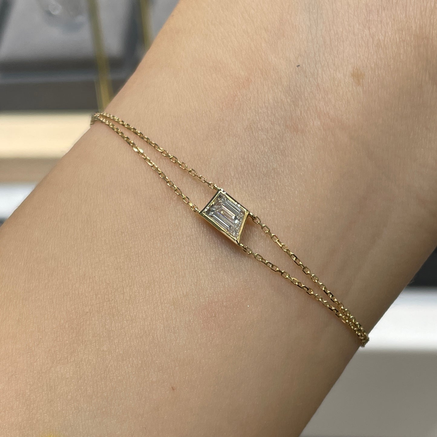 Lab diamond Baguette whistle cut 0.4ct bezel double chain bracelet