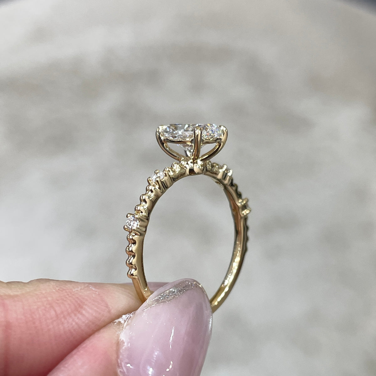 IGI Lab Diamond long cushion 1ct four-prong side stone with milgrain band ring