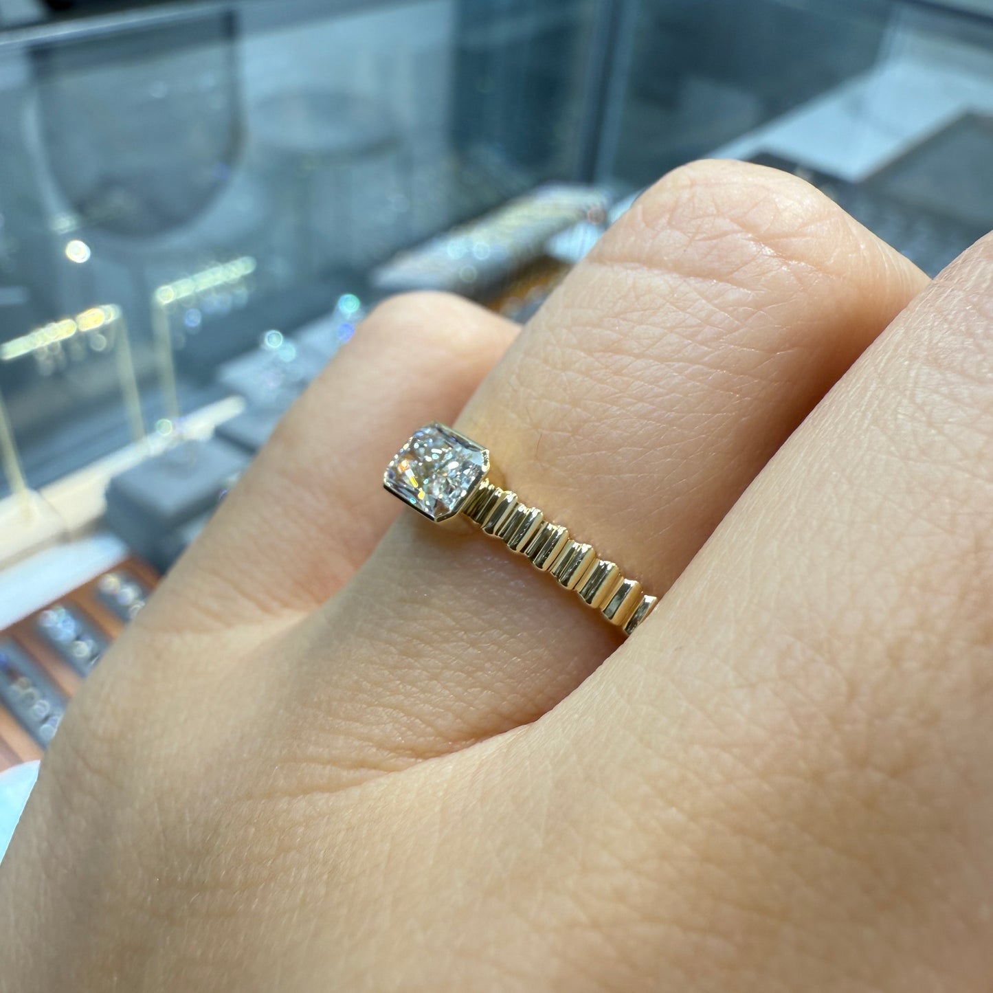 Lab diamond Radiant cut 0.5ct horizontal bezel set with vertical line band ring