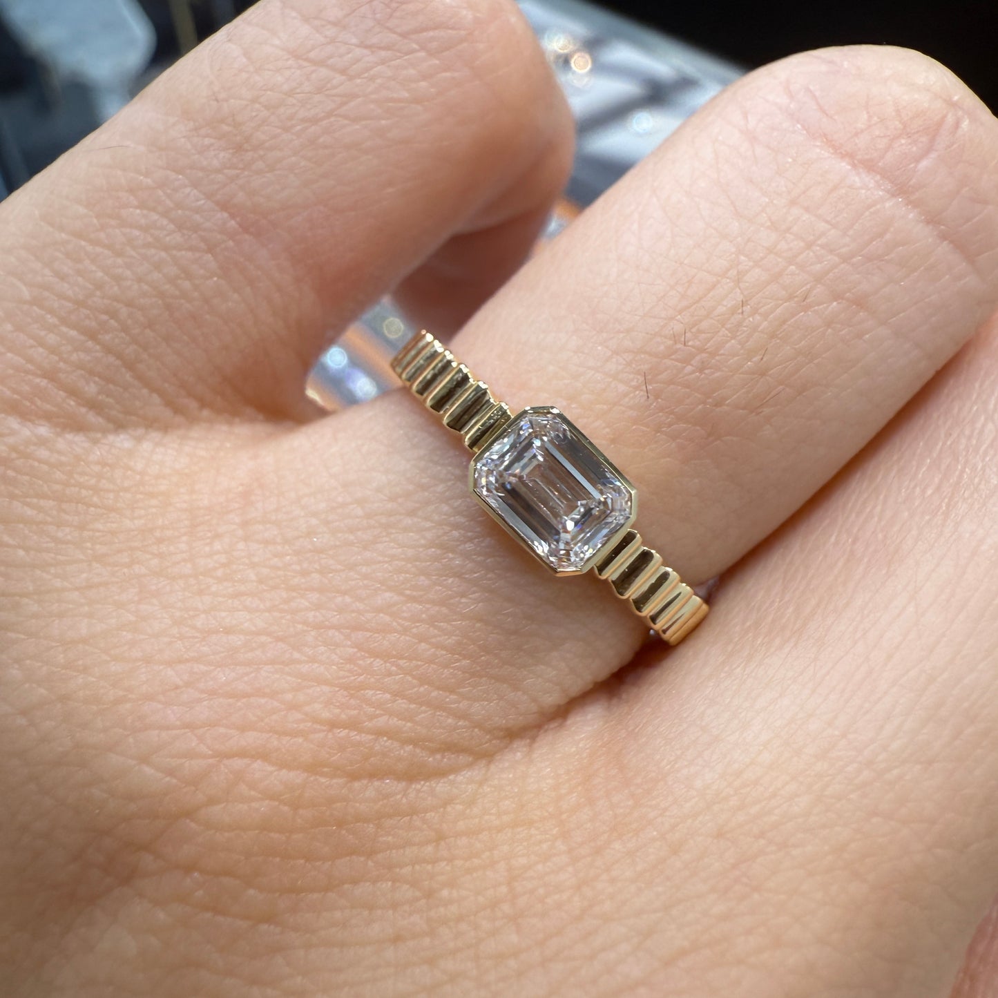 Lab diamond Emerald cut 0.6ct horizontal bezel set with vertical line band ring