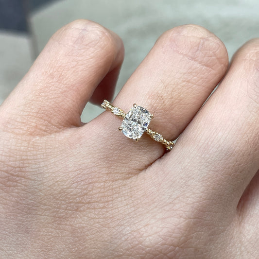 9k IGI Lab Diamond long cushion 1ct four-prong side stone with milgrain band ring