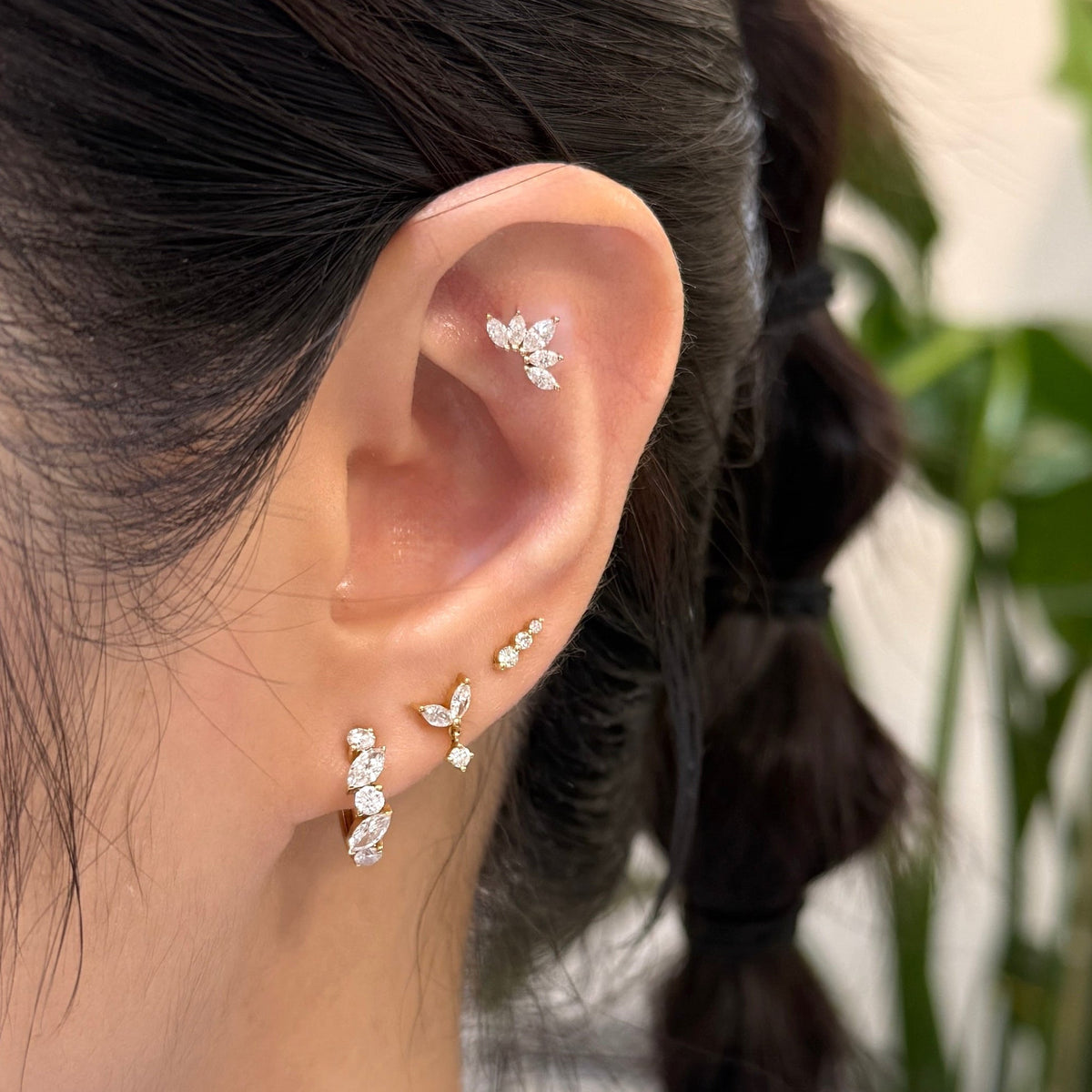 Lab diamond marquise shape five leaf stud earring - each