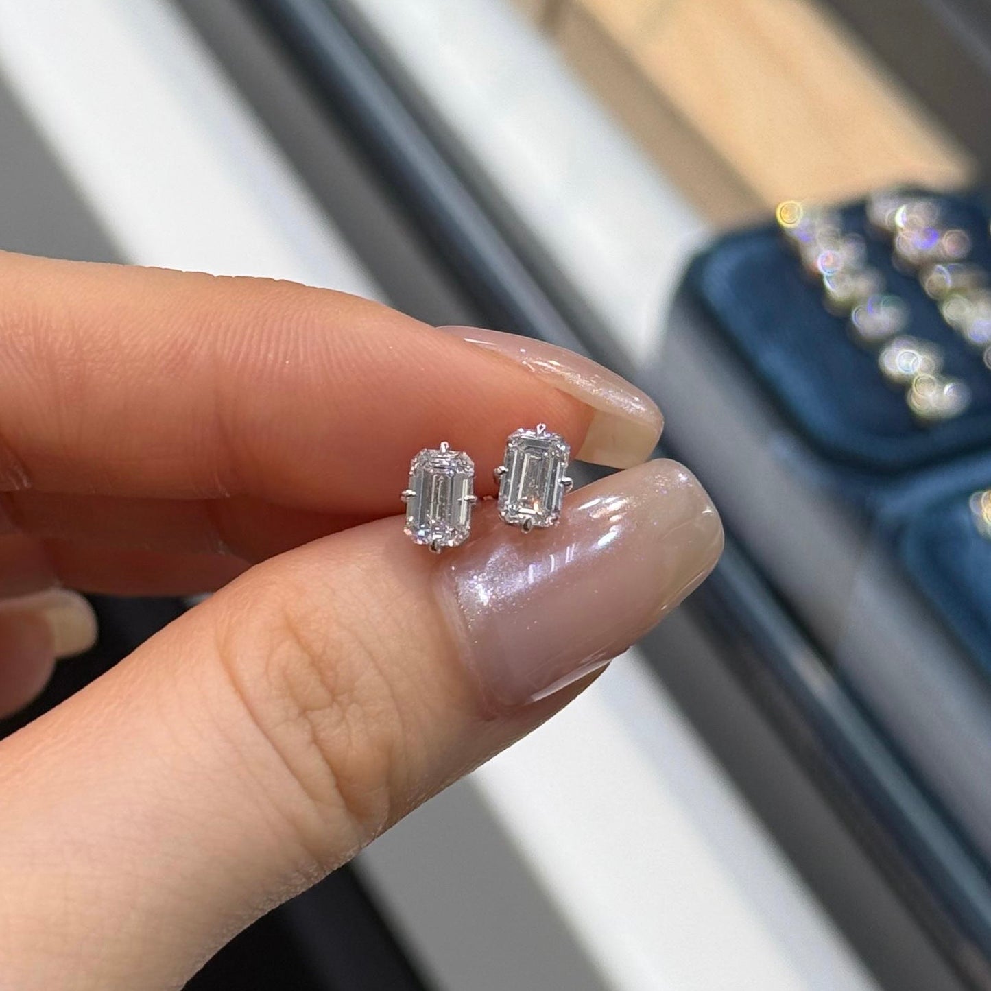 Lab diamond emerald cut 0.8ct four-prong compass stud earrings-pair