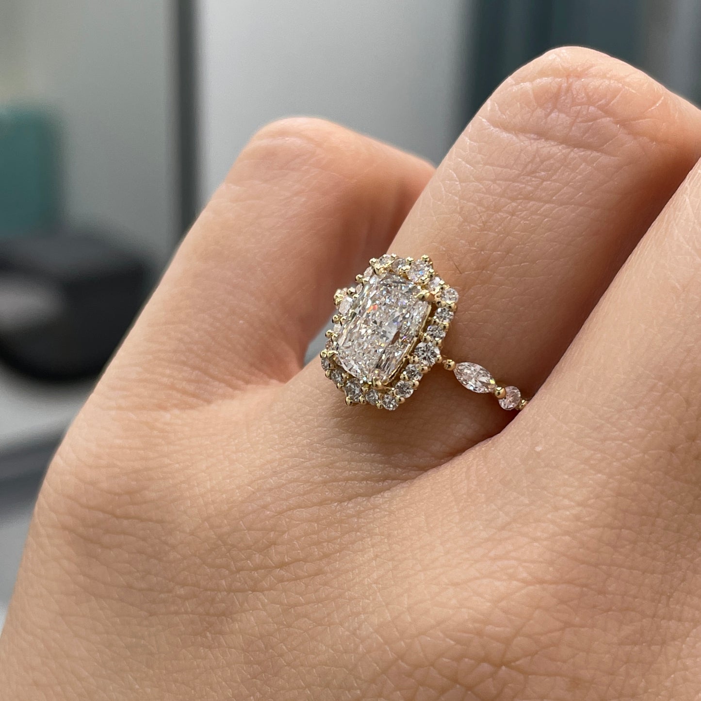 IGI Lab diamond long cushion cut 1.5ct halo with marquise and round mix pave ring