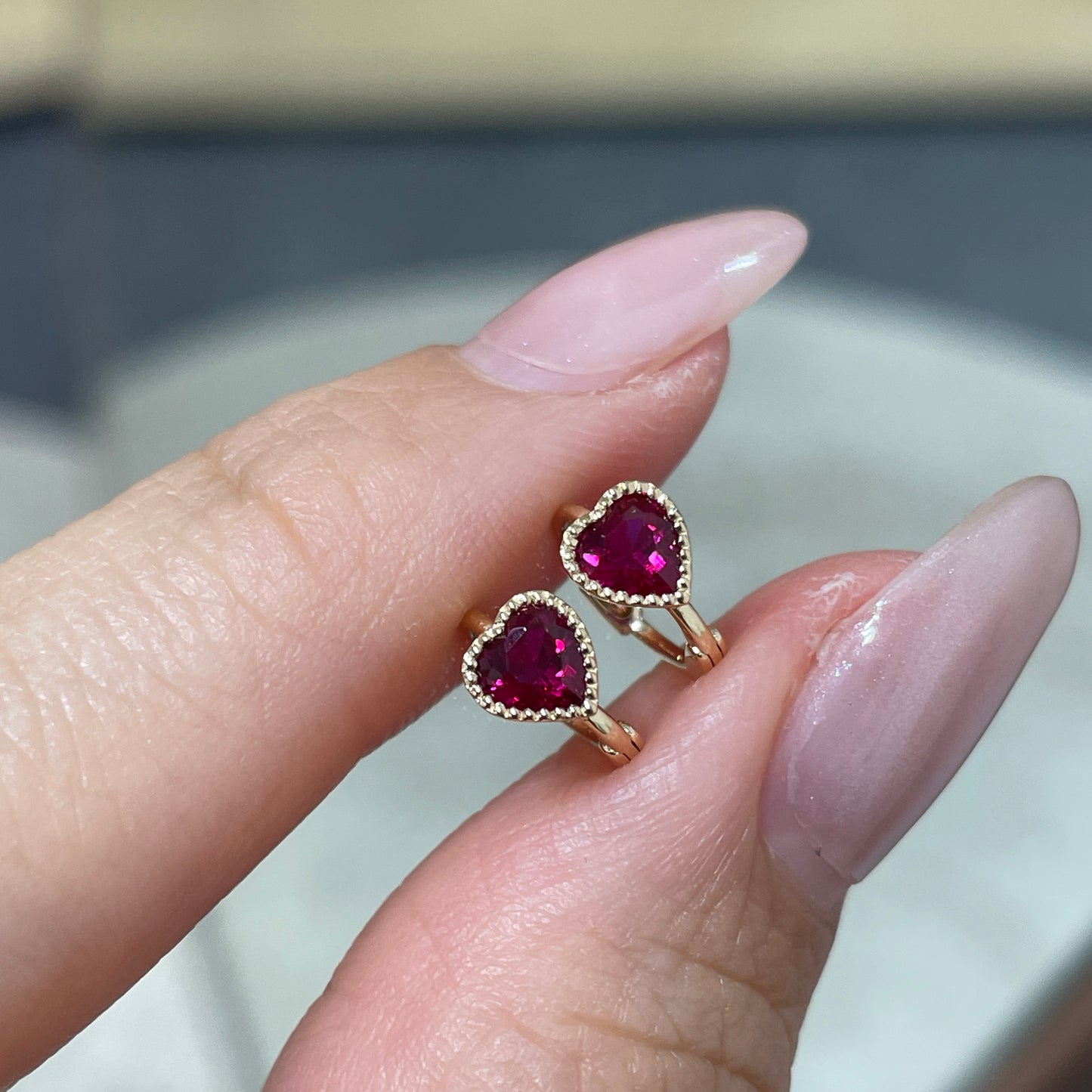 Lab Ruby heart 0.25ct milgrain bezel 6.5mm hoop earring - each
