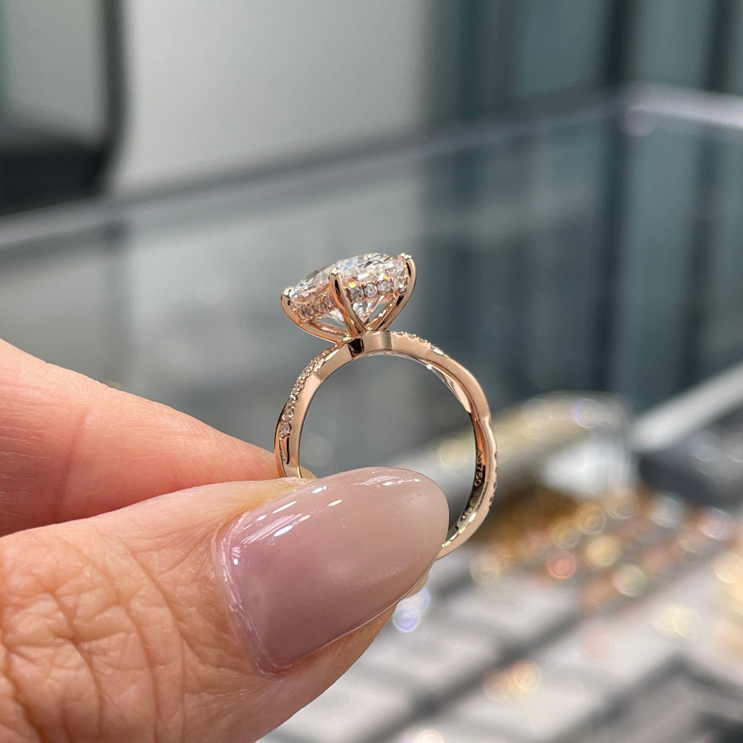 IGI Lab diamond Oval shape 3ct four-prong underhalo pave twisted band ring
