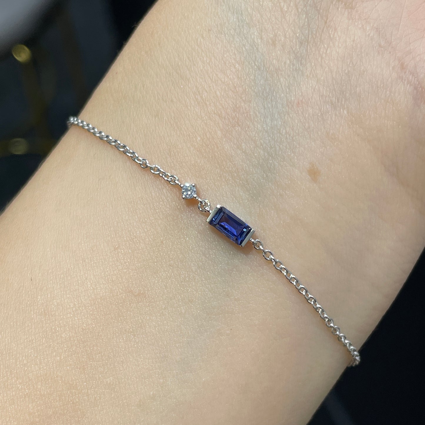 Lab sapphire royal blue color baguette cut 0.35ct with little diamond thinker chain bracelet