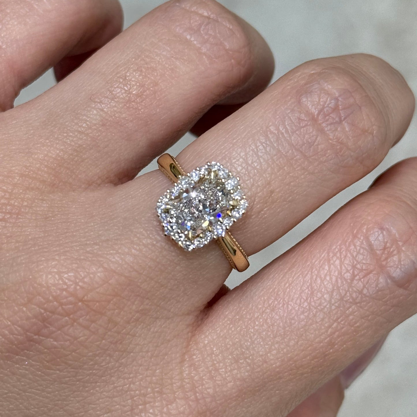 IGI lab diamond Long cushion cut 1.8ct halo milgrain band ring