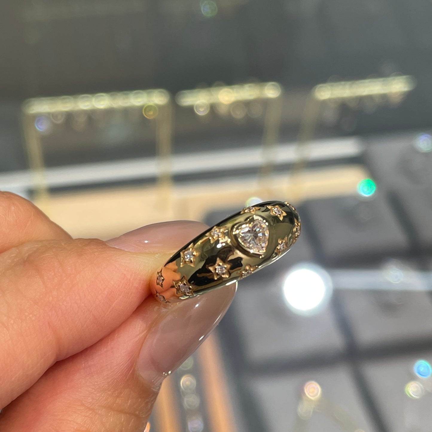 Lab Diamond Heart shape 0.15ct bezel starburst dome ring