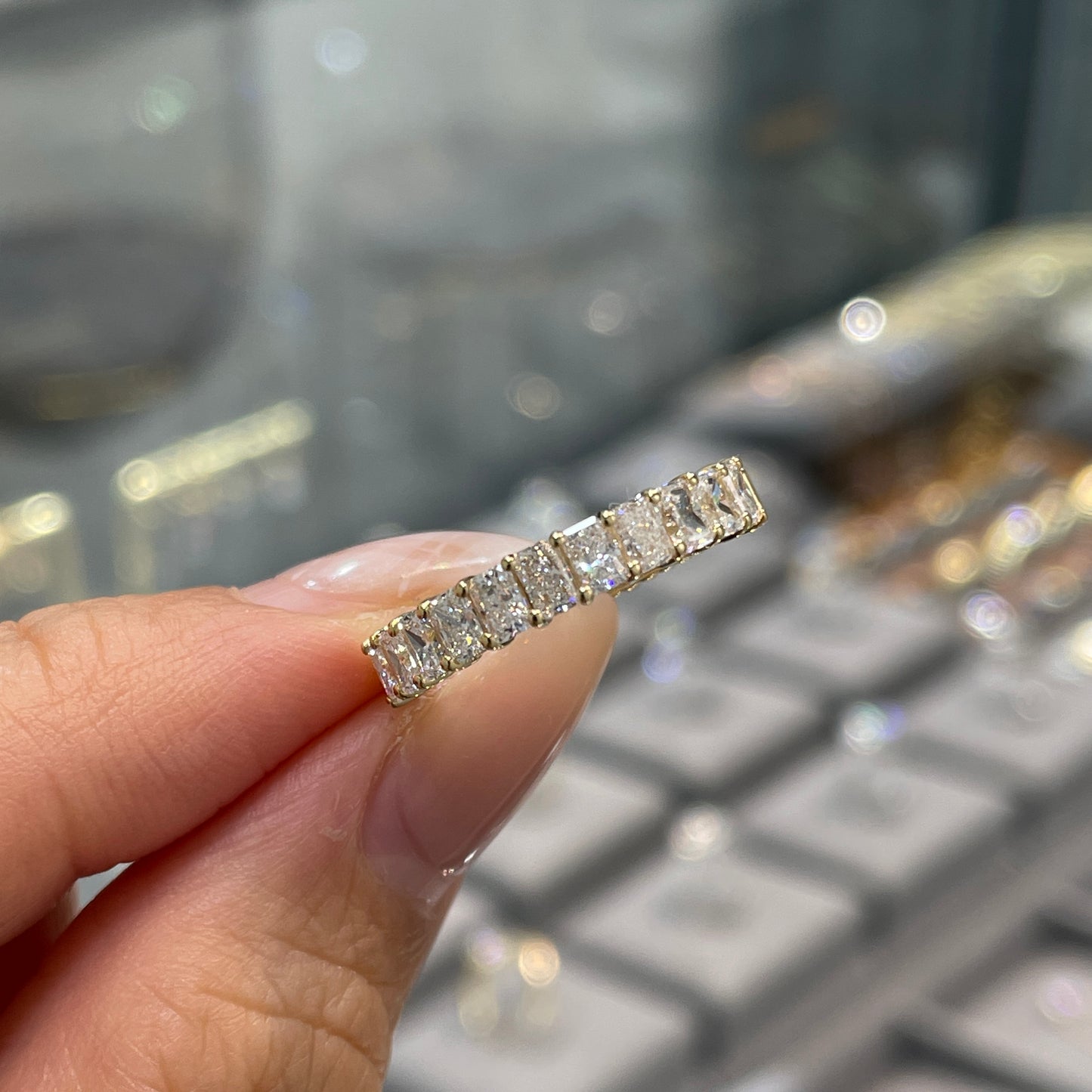 Lab diamond Radiant cut 1.1ct half eternity straight vertical line band ring